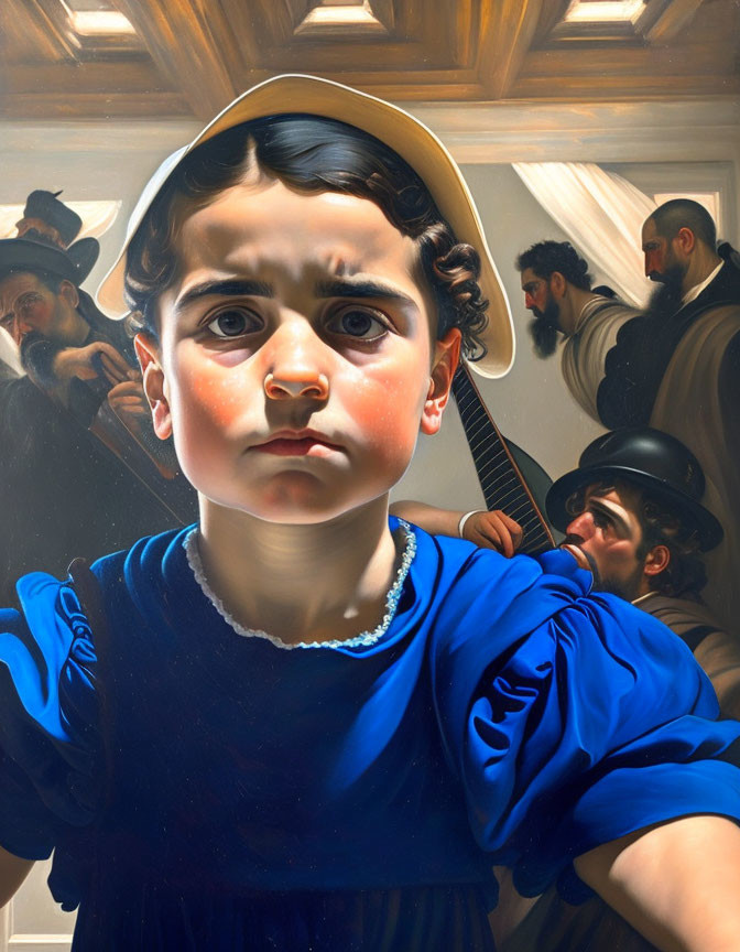 Hyper-realistic painting of young child with solemn expression, surrounded by out-of-focus figures in warmly lit