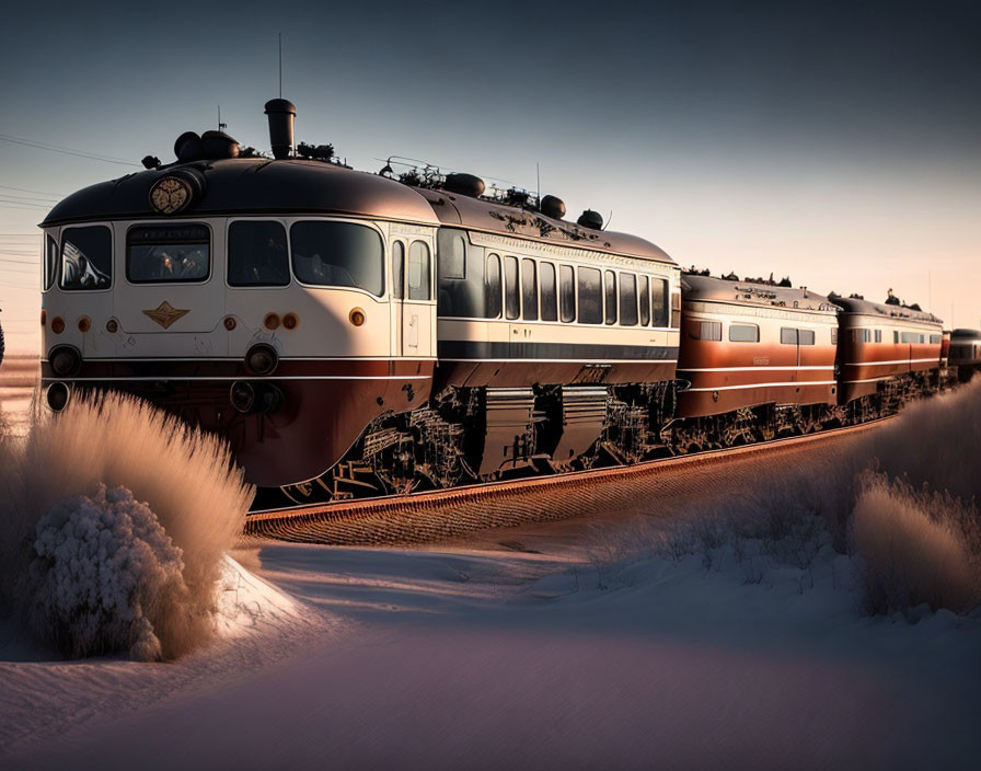 Vintage train travels on snowy tracks at sunset