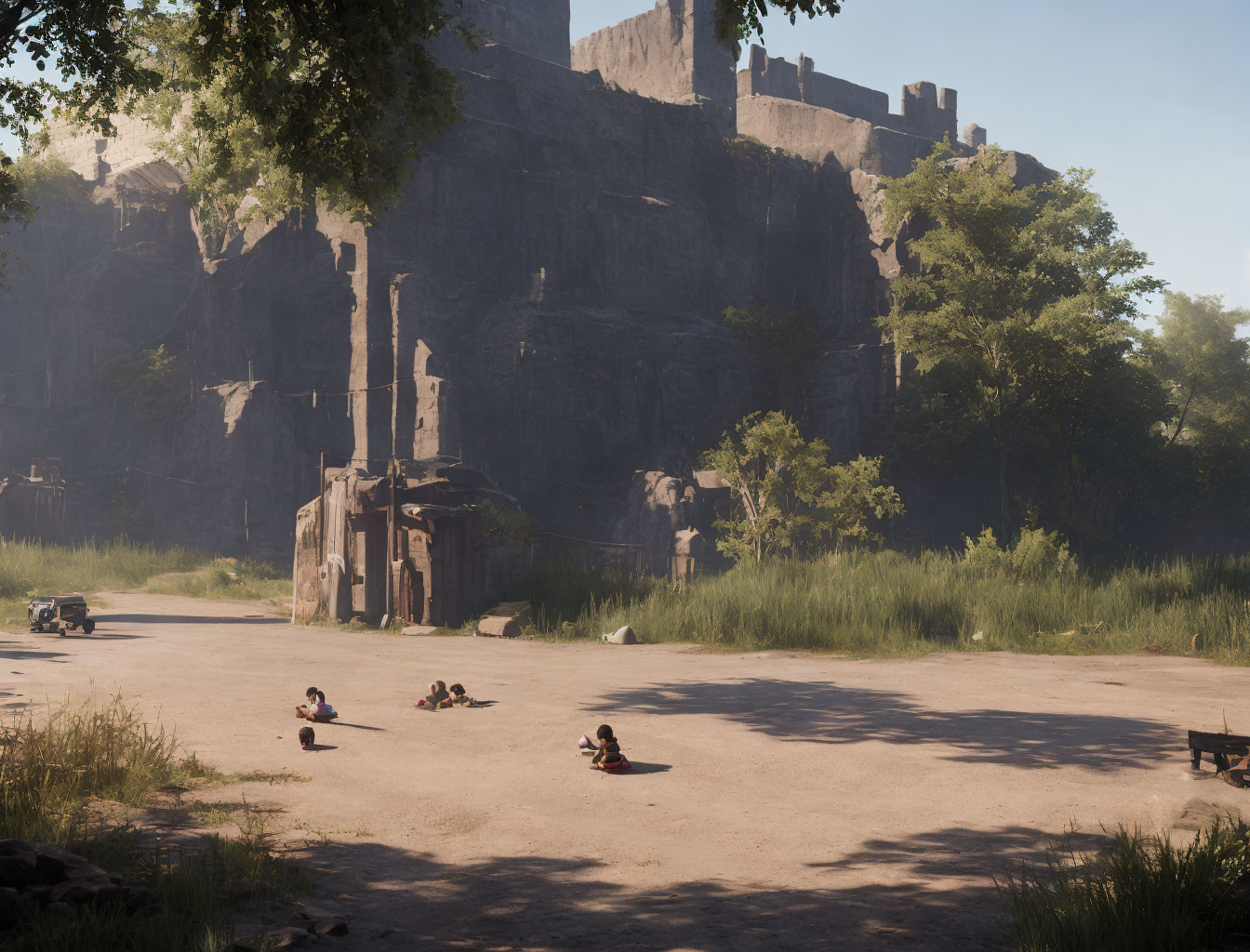 Tranquil landscape with children playing, old ruins, lush trees, and abandoned equipment