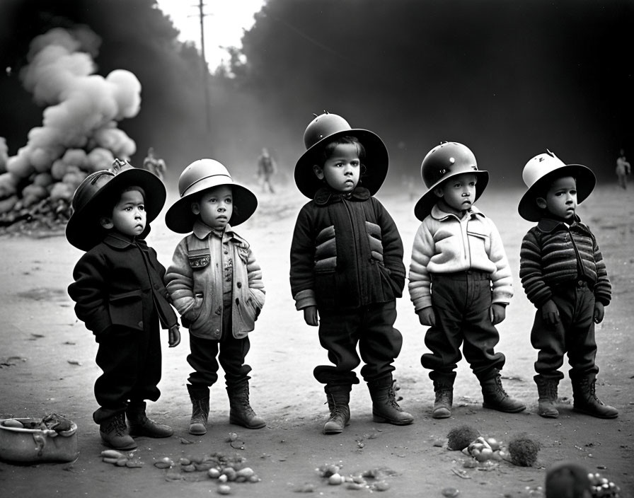 Five Children in Oversize Firefighter Helmets Standing in Line