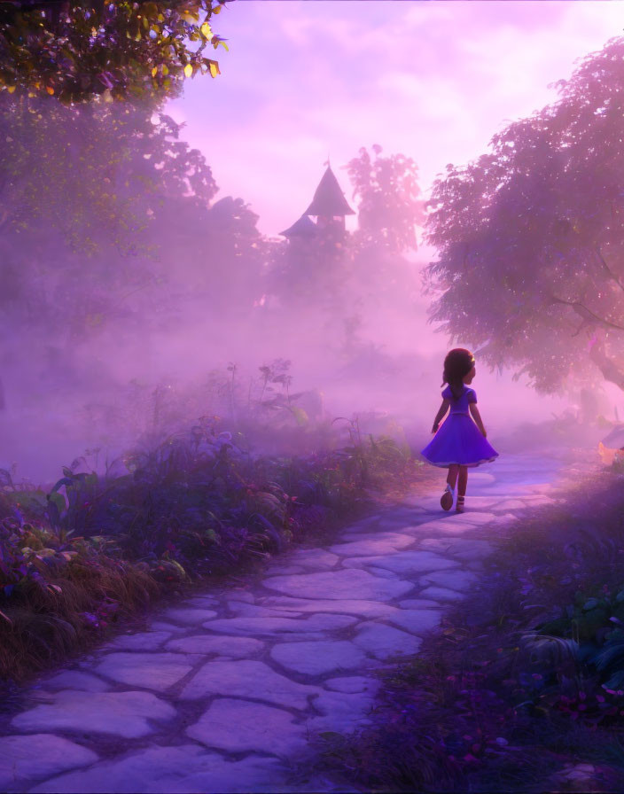 Young girl in purple dress walking to castle tower in misty dawn.