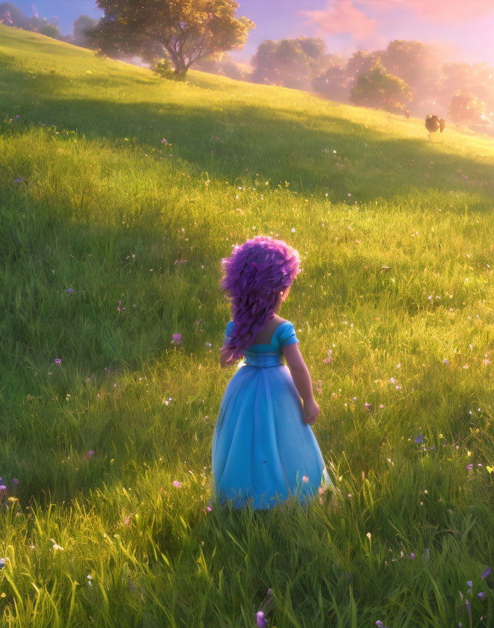 Curly purple-haired girl in blue dress walks in sunlit meadow with grazing horse