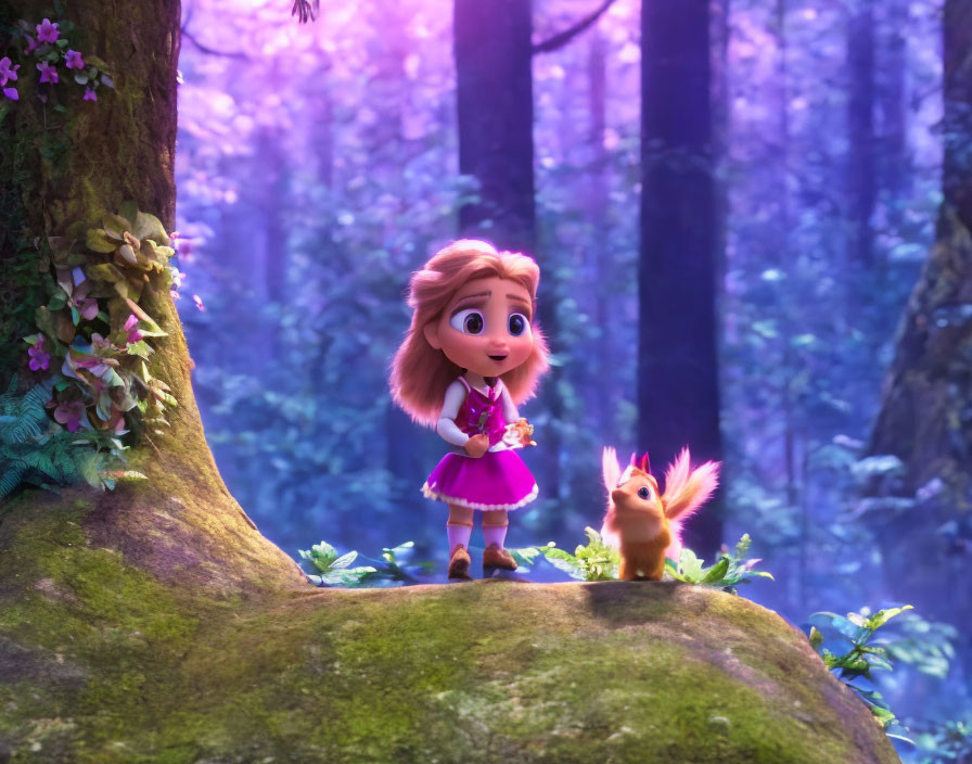 Young girl in mystical purple forest with squirrel and flowers