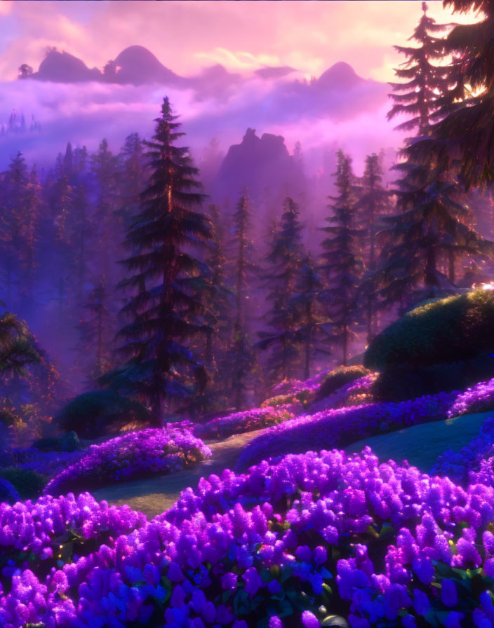 Dusk landscape with purple flowers, misty forests, and violet sky