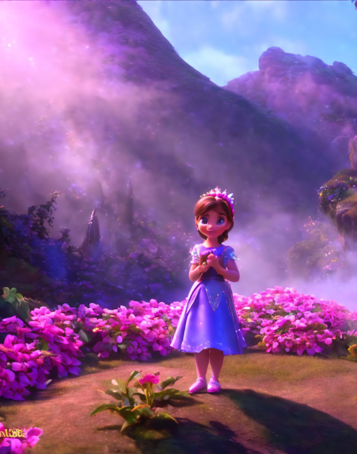 Animated princess in magical garden with pink flowers and misty mountains.