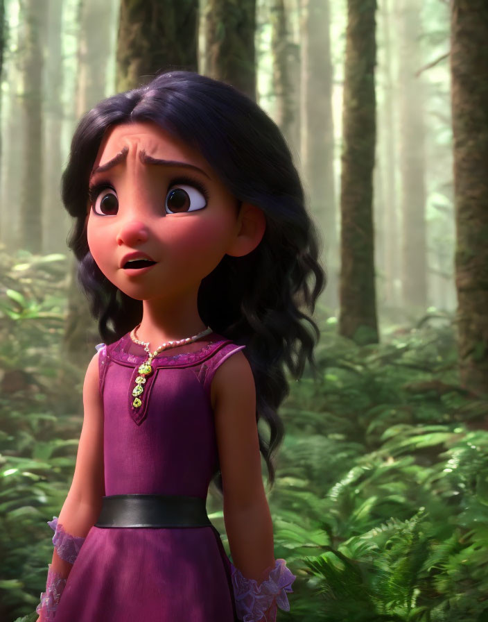 Animated girl in purple dress in sunlit forest