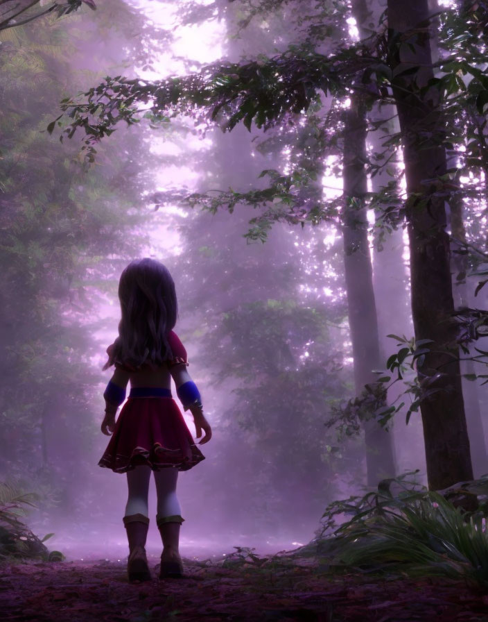 Enchanted forest scene with girl in purple sunlight