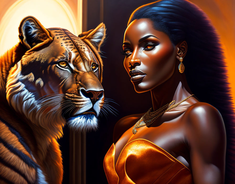 Woman and tiger illustration with matching expressions on amber backdrop