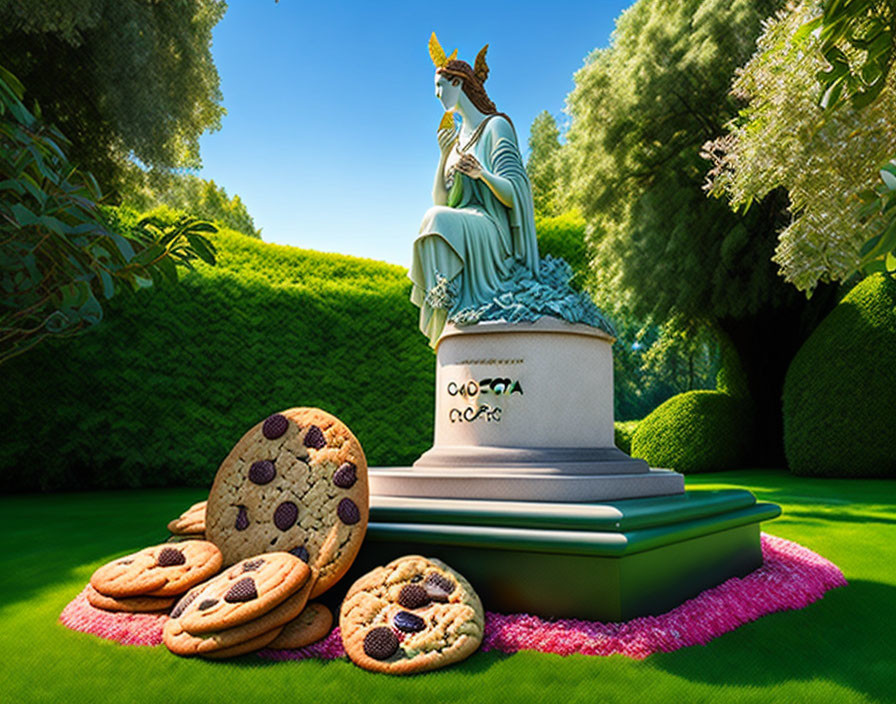 Ancient Figure Statue in Serene Garden with Chocolate Chip Cookies