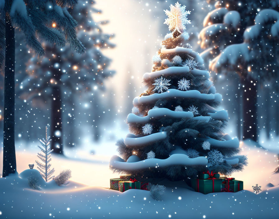 Winter Christmas scene with decorated tree and gifts in snowy forest