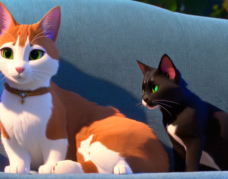 Two animated cats on blue couch in sunlight