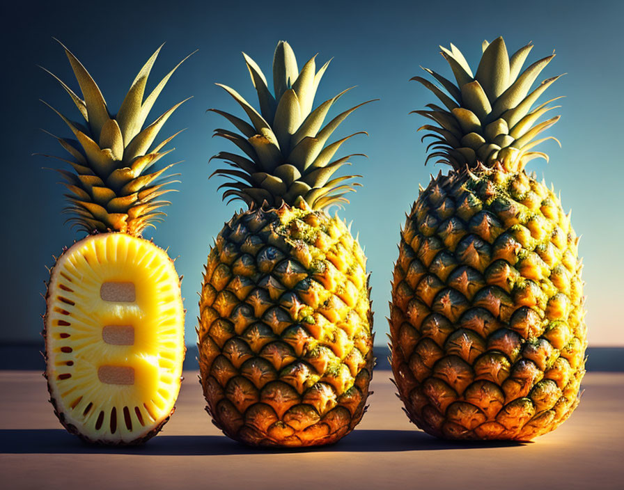 Three Pineapples on Table with Patterned Slice, Dusk Sky Background