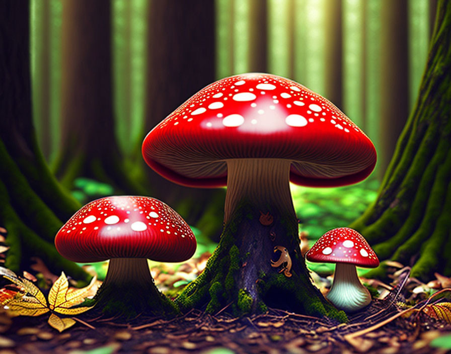 Vibrant red mushrooms with white spots in green wooded area