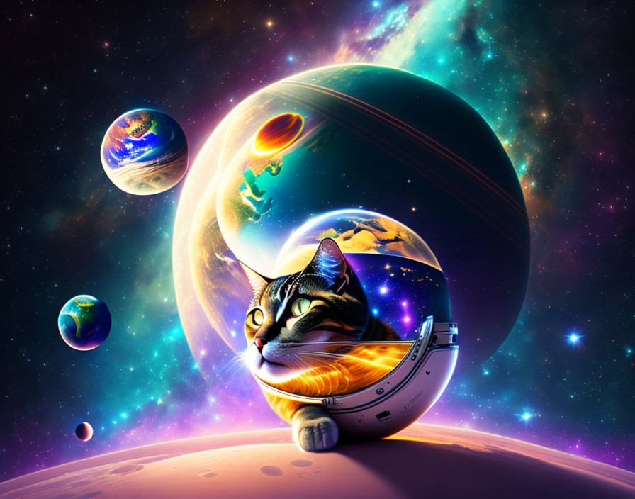 Colorful Space Scene with Cat in Helmet and Planets