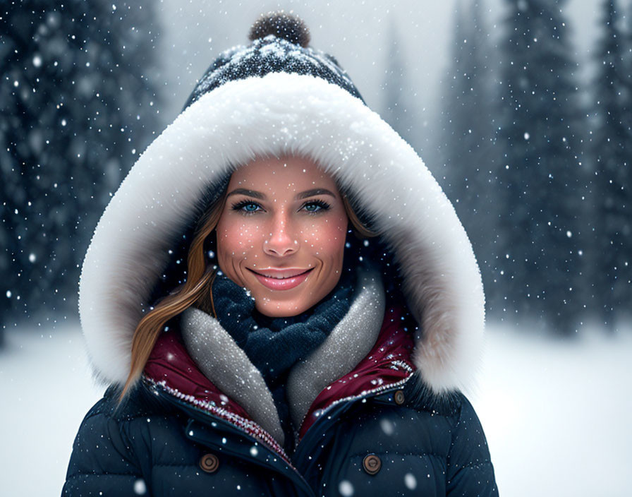 Smiling woman in winter hat in snowy landscape