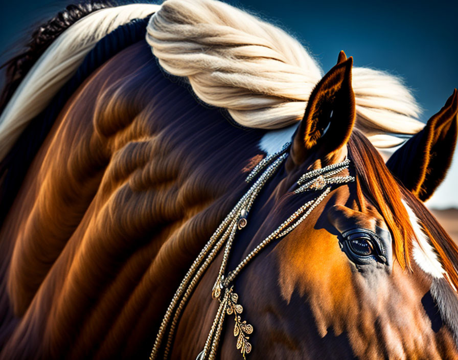 Chestnut horse with braided mane and jewelry on blurred blue background.