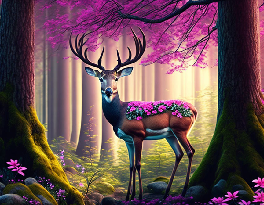 Majestic deer with pink flowers in mystical forest.