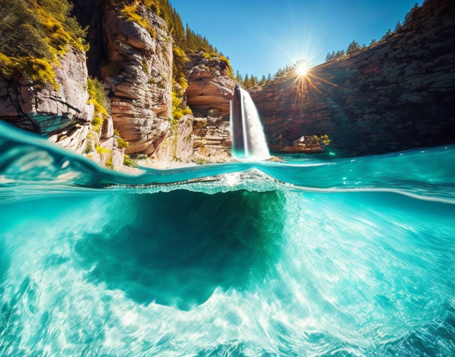 Vibrant waterfall cascading into clear blue lake under sunlight