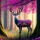 Majestic deer with pink flowers in mystical forest.