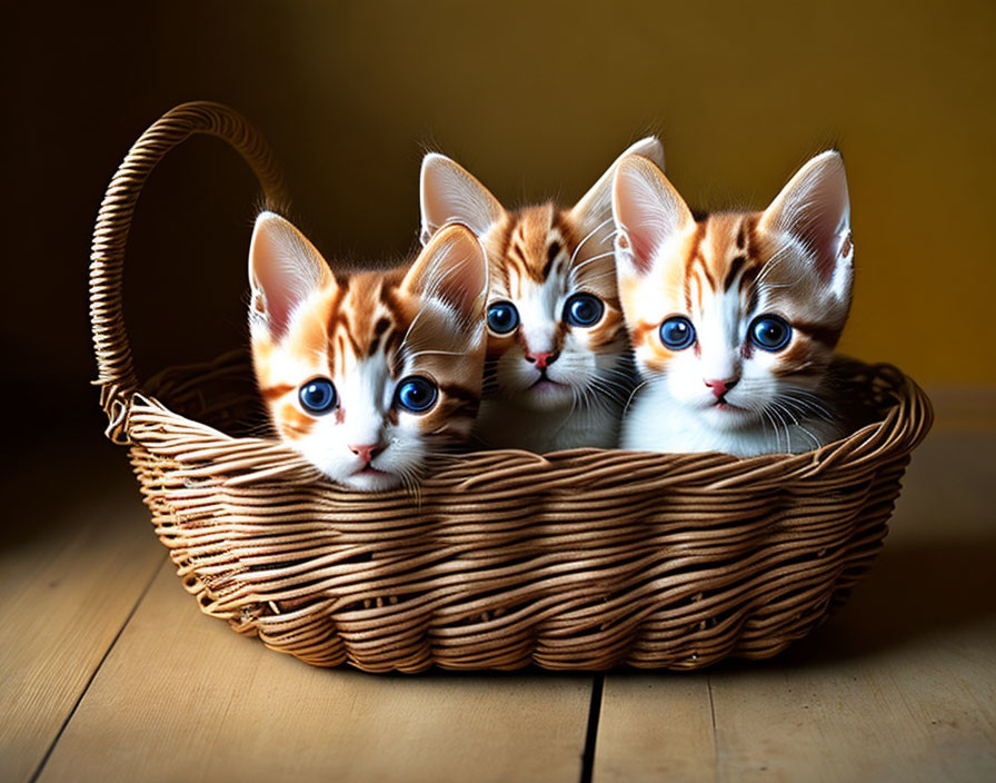 Three Kittens with Blue Eyes and Orange-White Fur in Basket