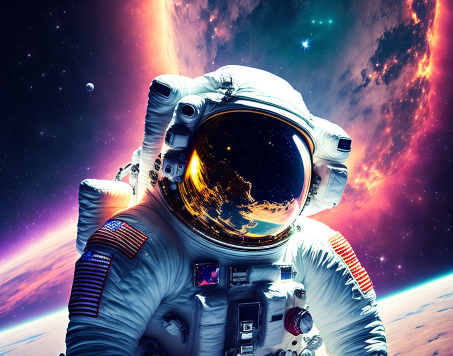 Astronaut in reflective visor with cosmic nebulas and Earth reflection