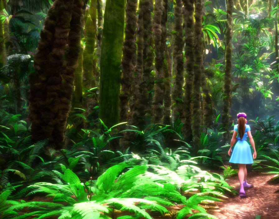 Young girl in blue dress wanders through sunlit forest with tall trees and ferns