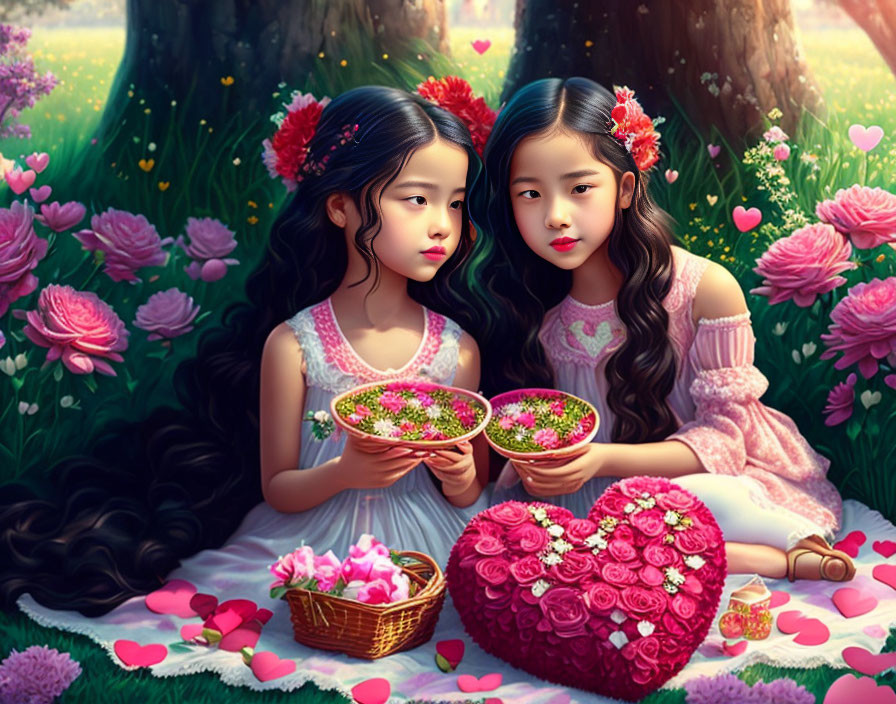 Two Girls with Floral Crowns Holding Flower Bowls in Garden