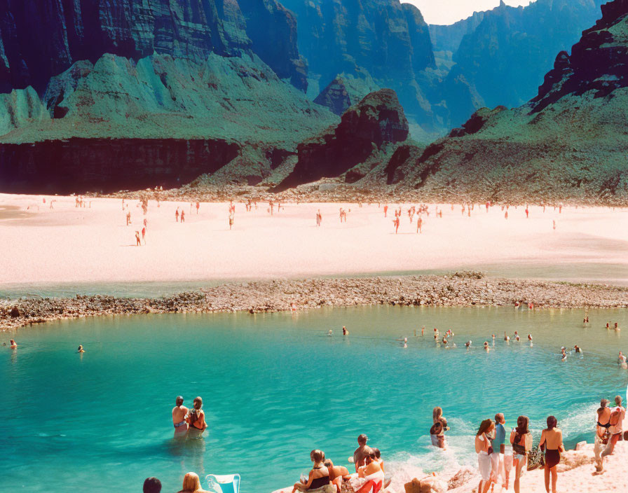 Vibrant beach scene with sunbathers and swimmers in clear blue lagoon