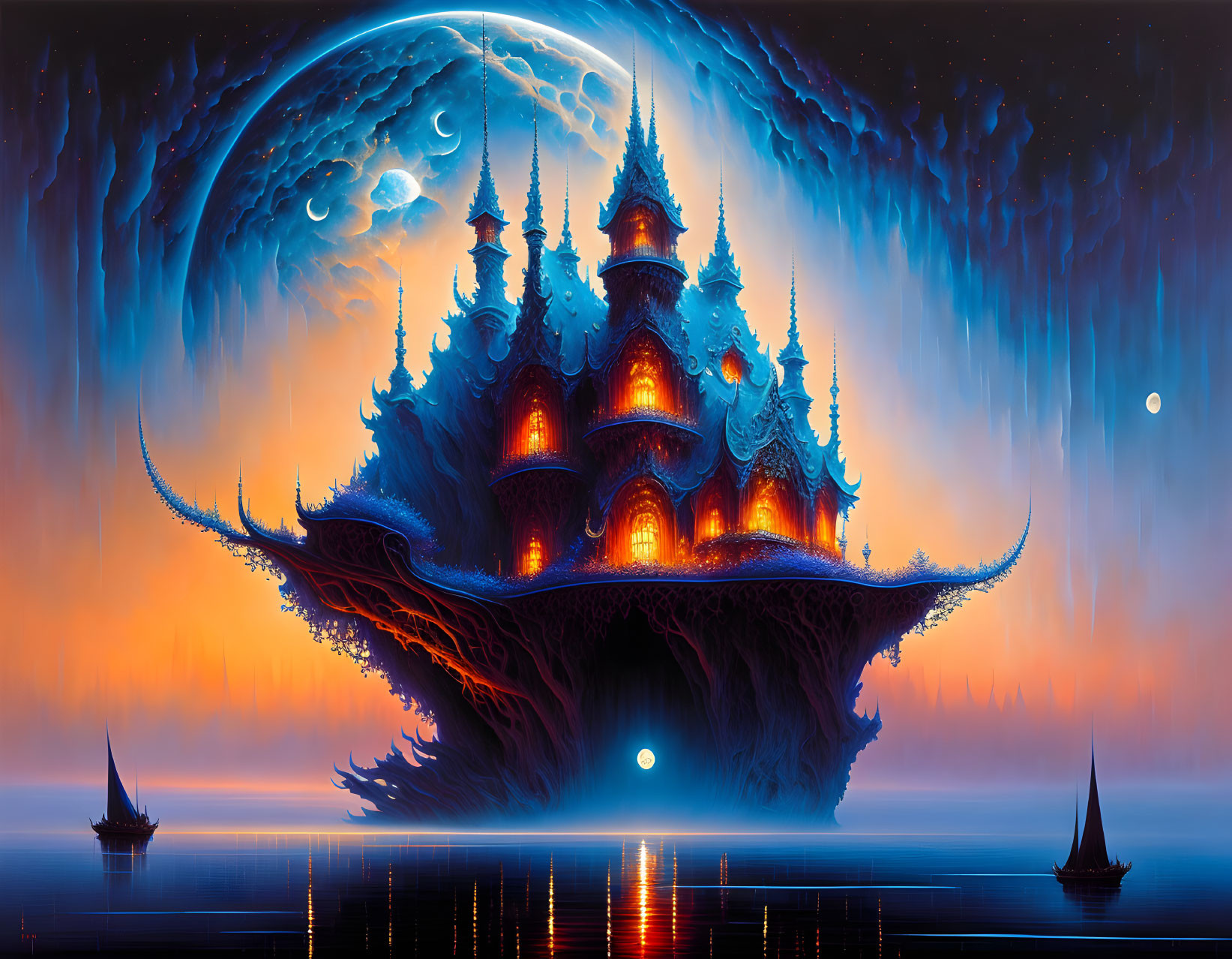 Fantasy castle on floating island with moonlit backdrop and boats.