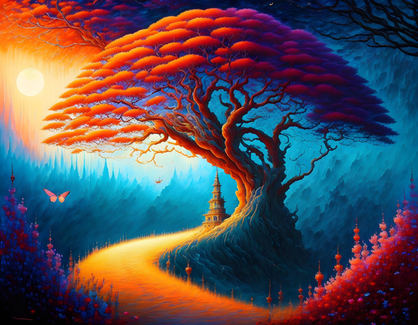 Colorful painting: large red tree, winding path, pagoda, moonlit sky, butterflies,