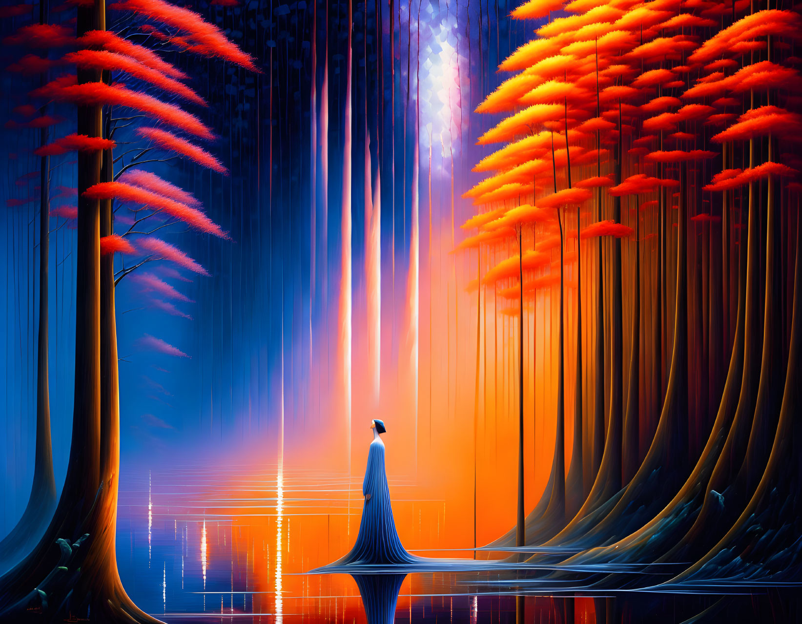 Colorful digital art: person in neon bamboo forest by water