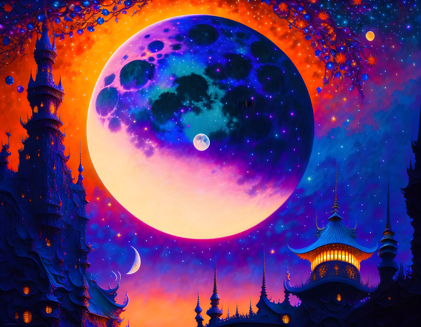 Fantasy scene with large purple moon, ornate towers, orange foliage, and dark blue starry