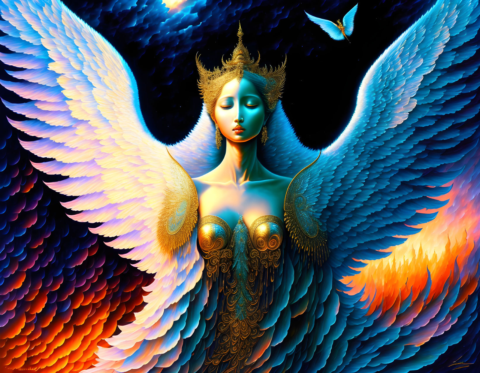 Mythical figure with vibrant wings and cosmic backdrop