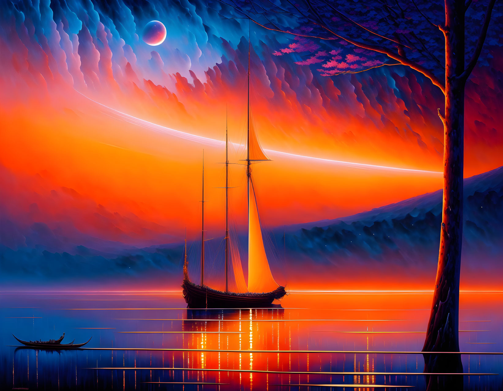 Colorful Digital Artwork: Sailboat on Tranquil Waters with Surreal Sky