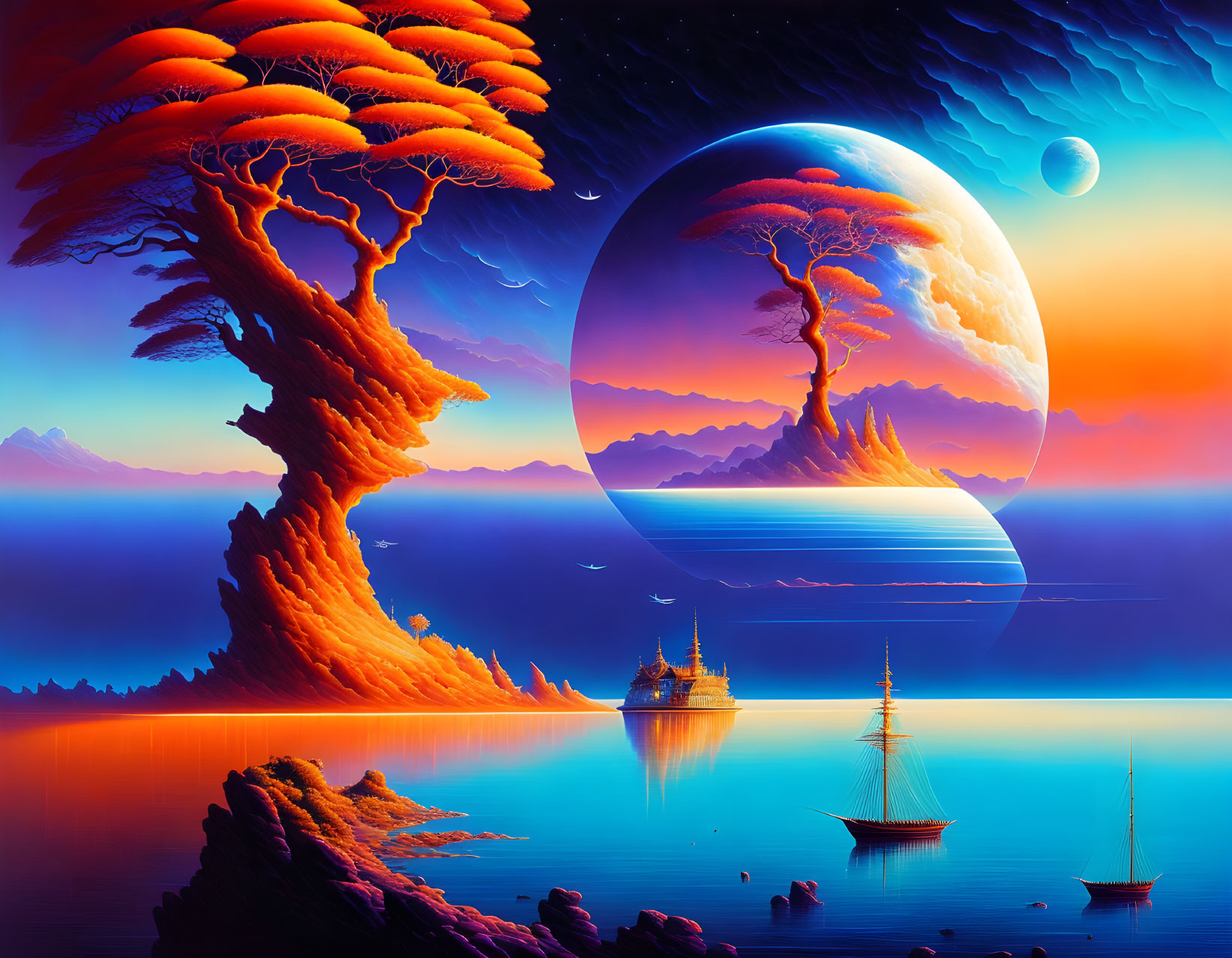 Surreal landscape with giant trees, water, ships, moon, and colorful sky