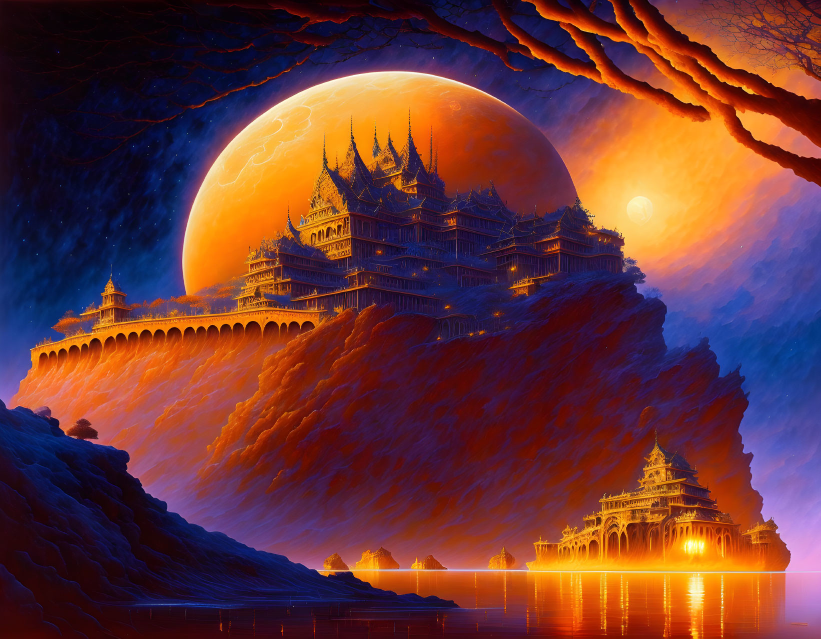 Fantasy palace on cliff with moonlit reflection in tranquil water