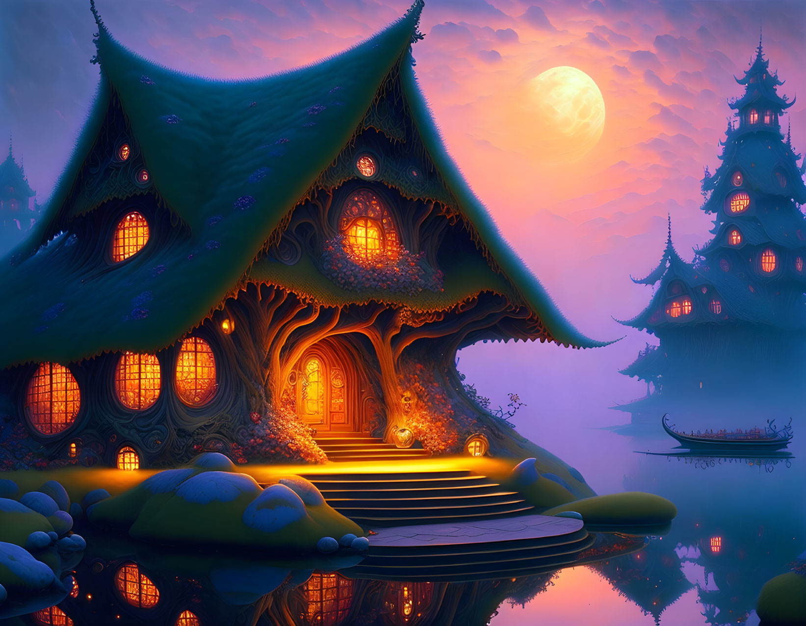 Illustration of whimsical treehouse at twilight by serene lake