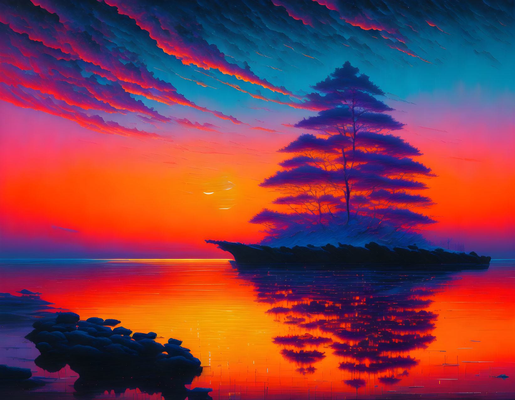 Digital Art: Lone tree on island at sunset with pink and blue sky reflection