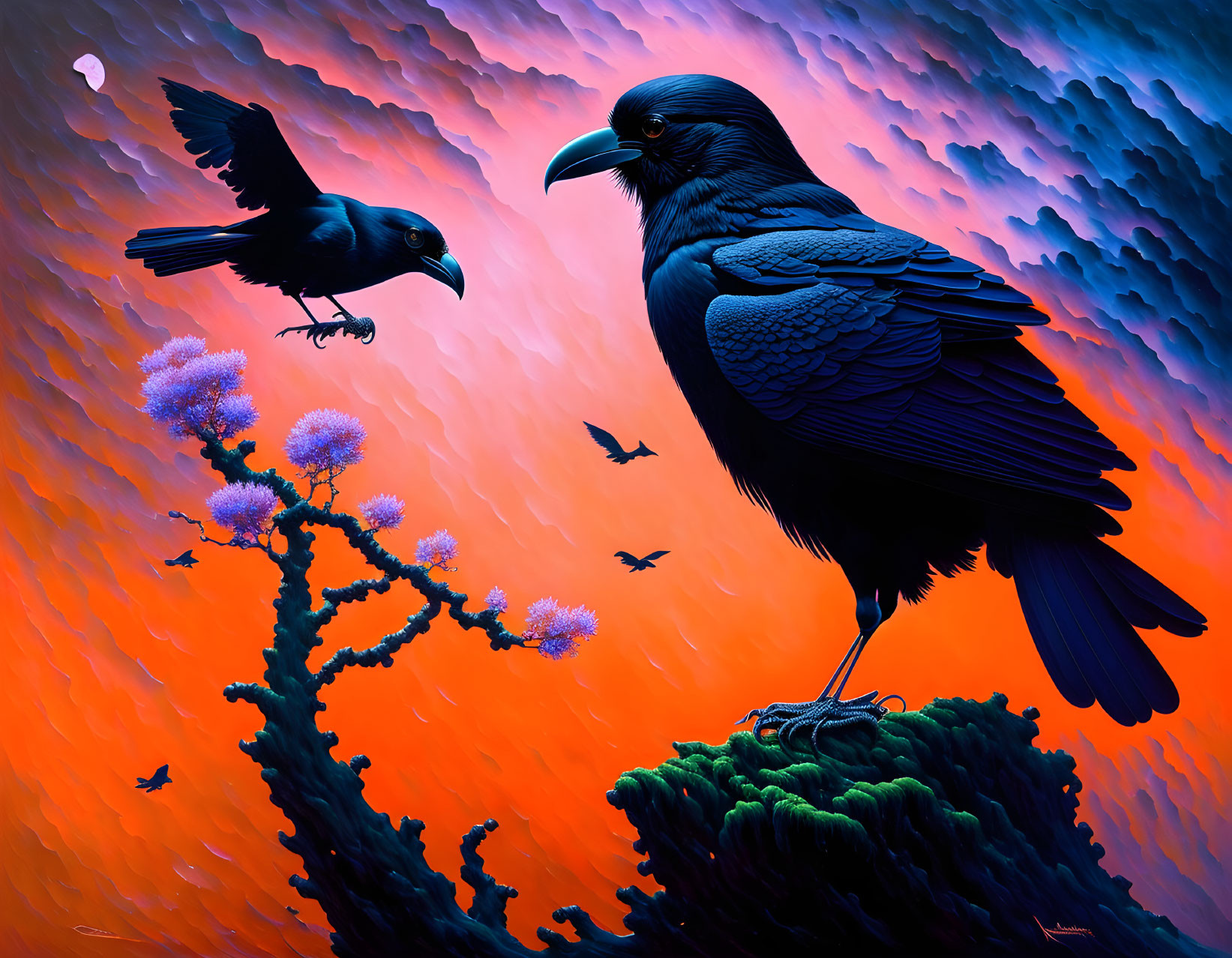 Ravens in orange and purple sky with crescent moon