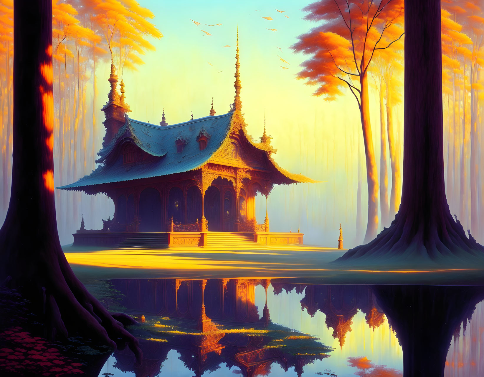 Digital artwork: Traditional Asian pavilion in luminous forest at sunset