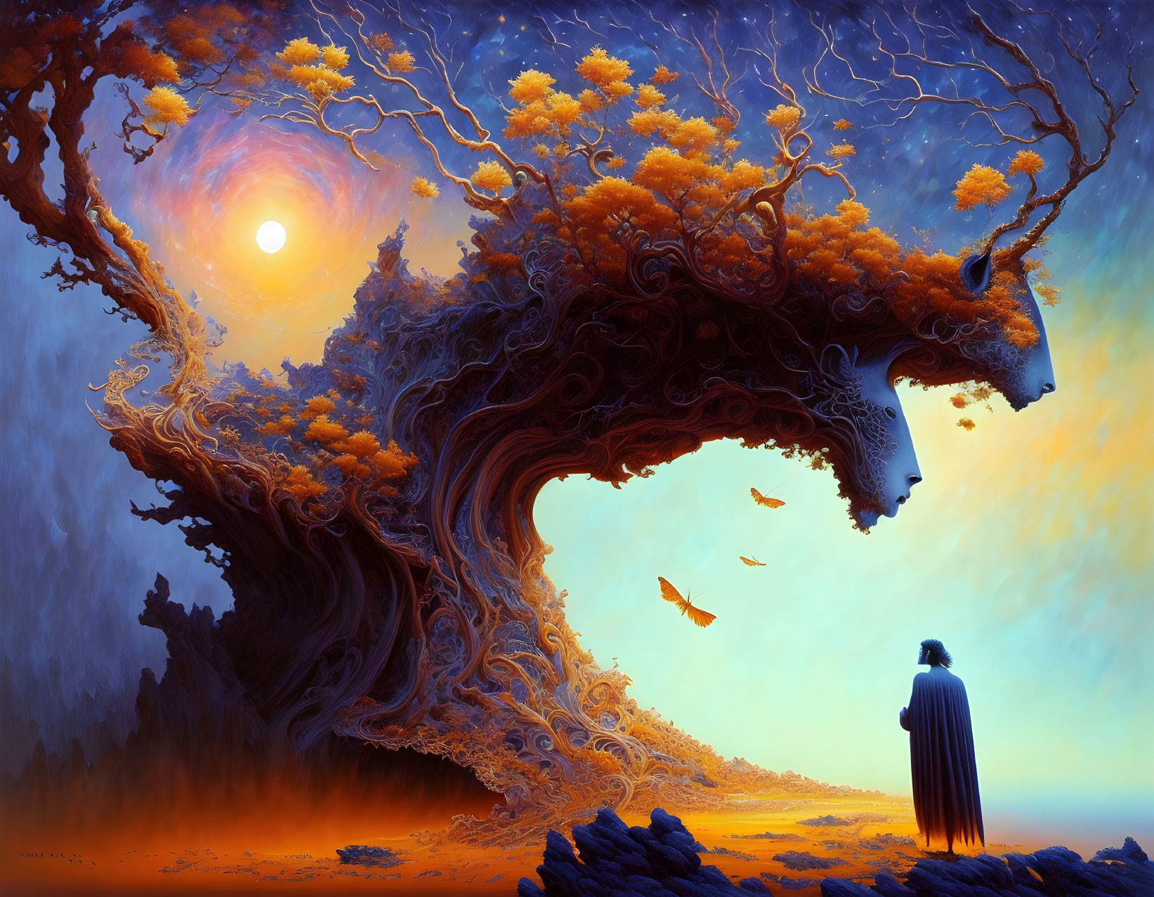 Person under swirling orange tree in dreamlike sky with fish swimming.