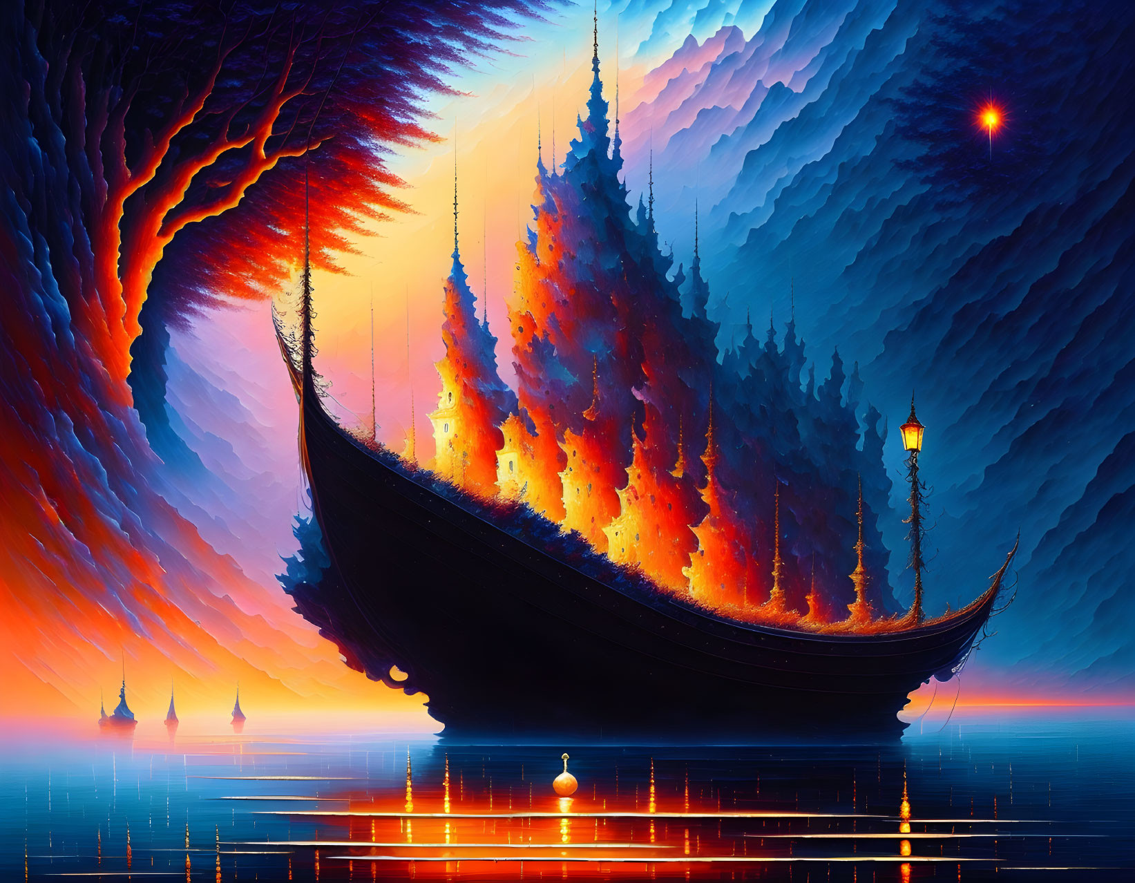 Digital artwork: Fiery forest on floating ship under electrifying sky