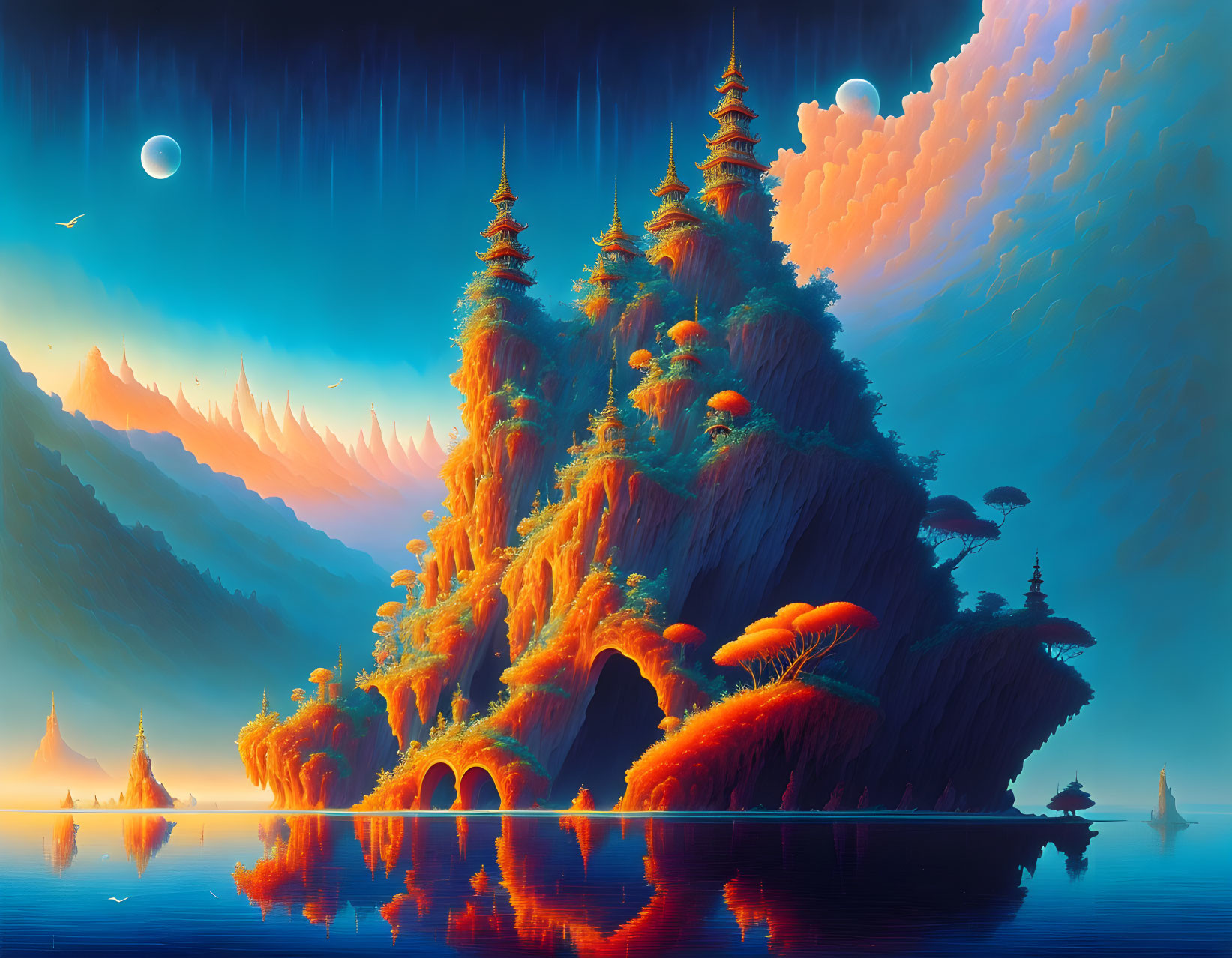 Fantastical landscape with mushroom trees and colorful sky