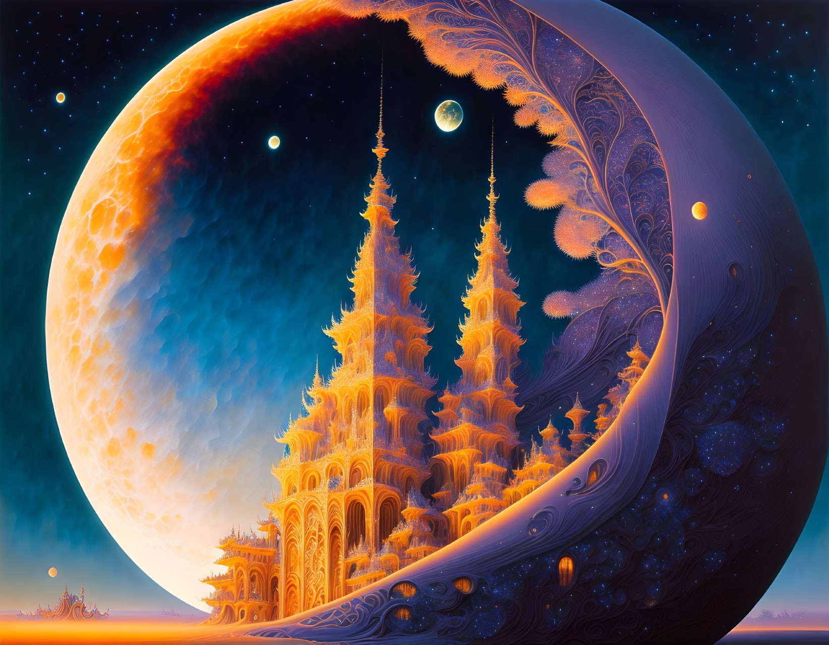 Fantasy landscape with golden castle, moon, celestial bodies, and cosmic feather.