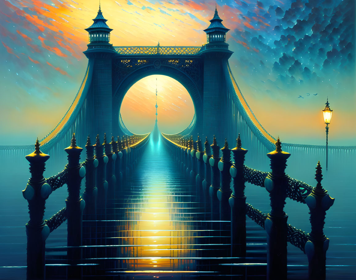 Mystical bridge with ornate lamp posts under sunset sky