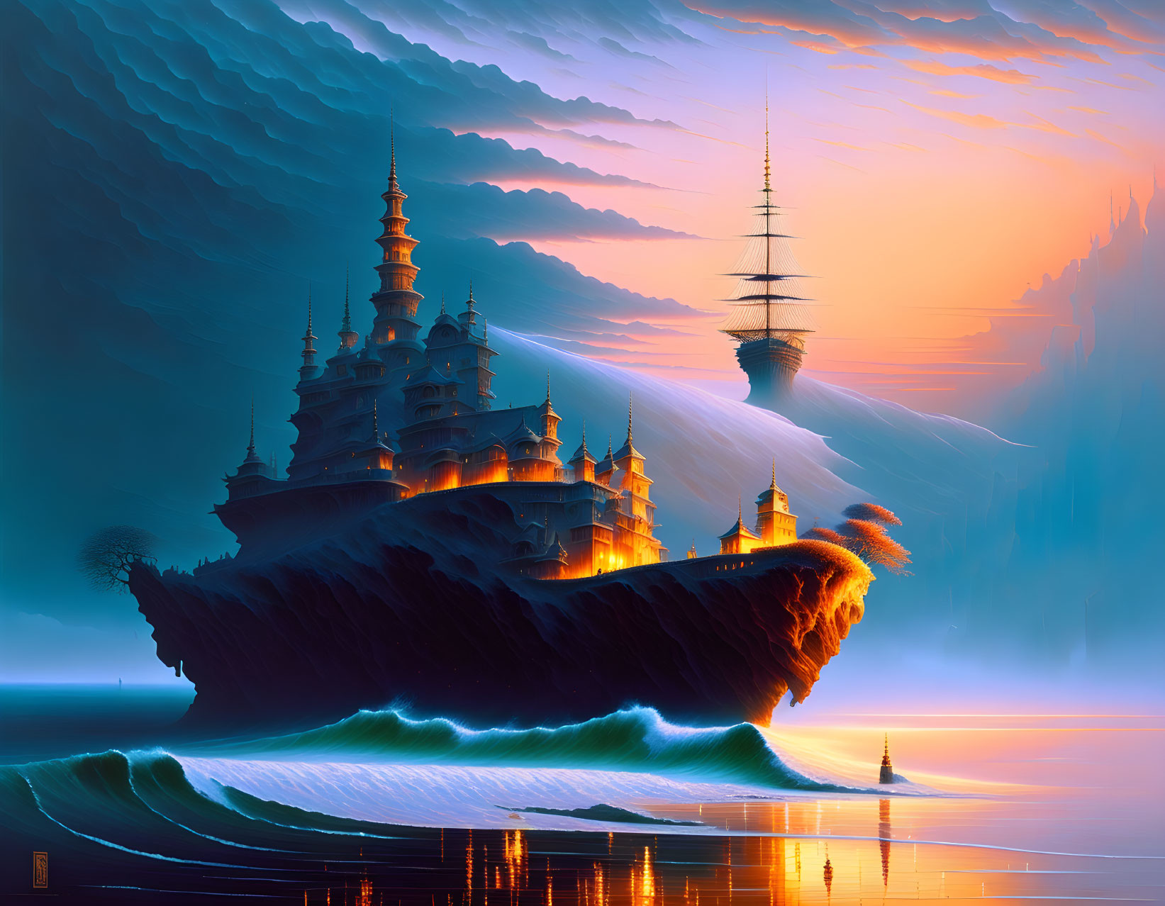 Fantastical digital artwork of illuminated castle on cliff with crashing wave and dramatic sky.