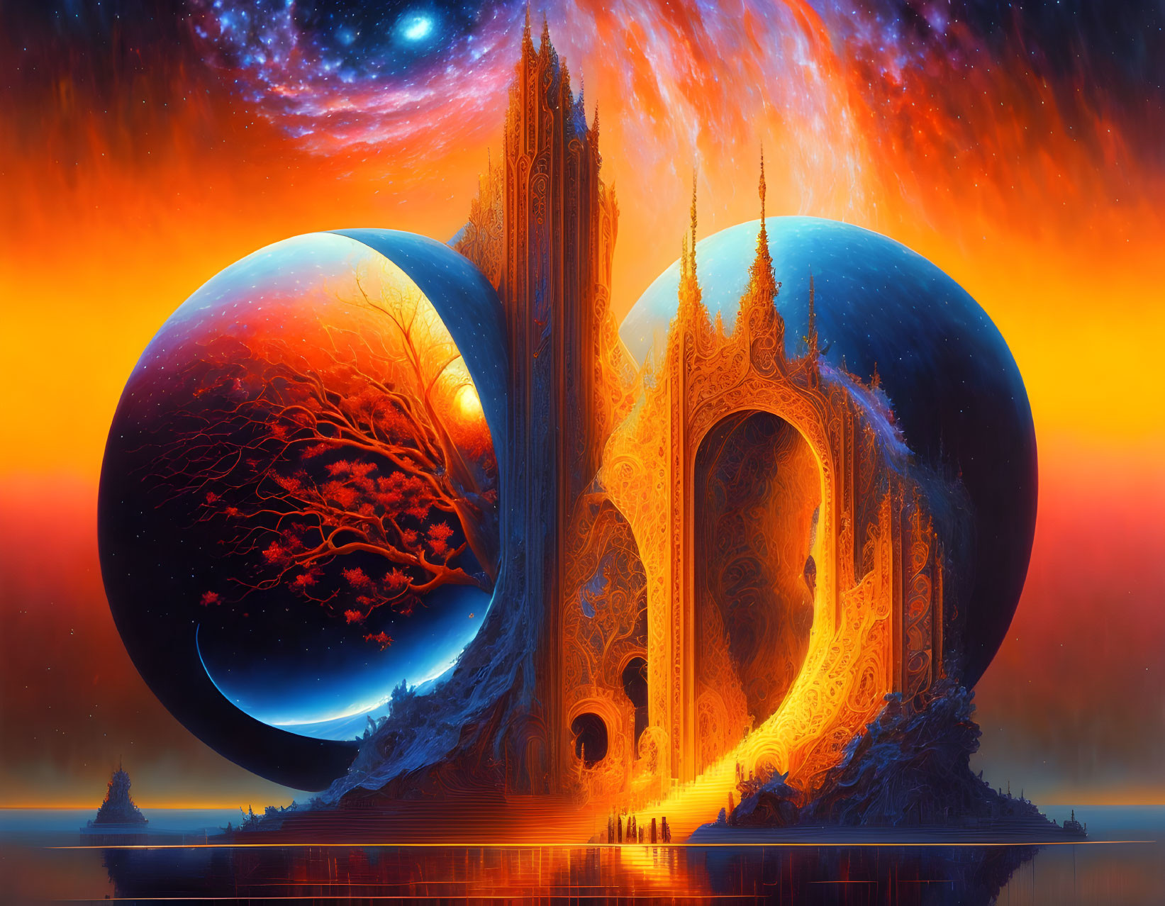 Fantasy landscape with glowing orange structures, red tree, celestial orbs, stars, and nebulas