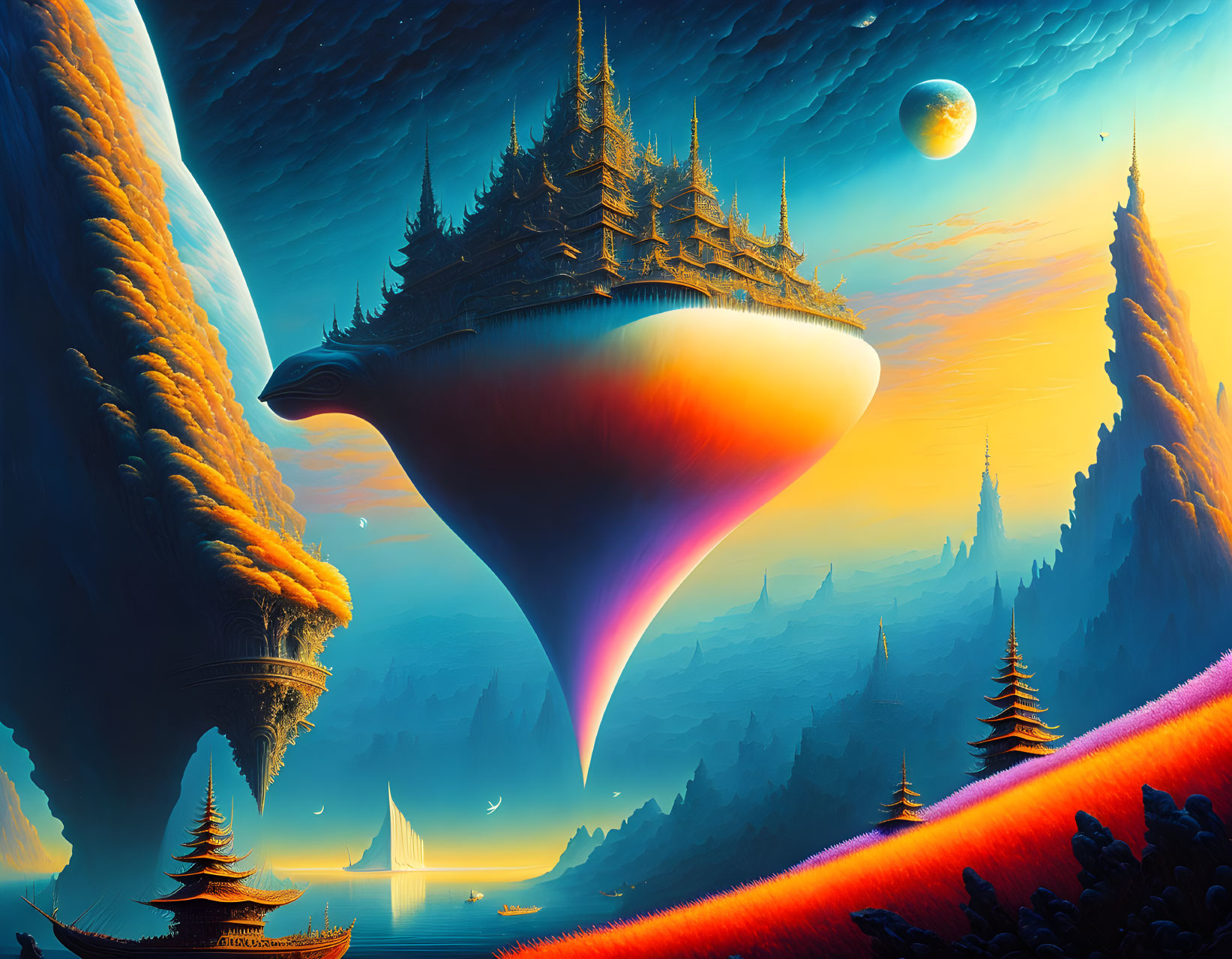 Colorful sci-fi landscape with massive spaceship, exotic buildings, and giant planet.