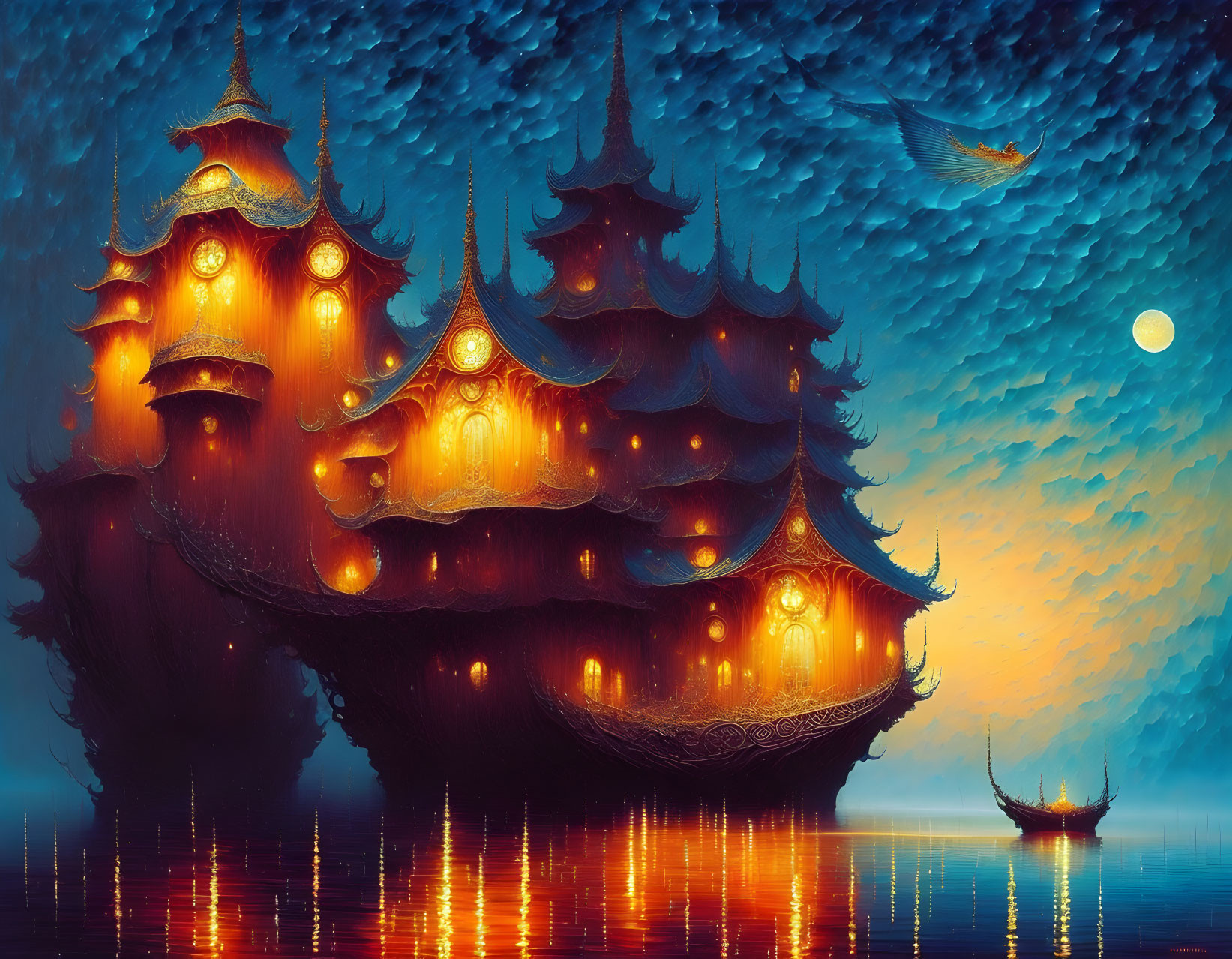 Ethereal floating temple at twilight with full moon, water reflections, boat, and flying creature