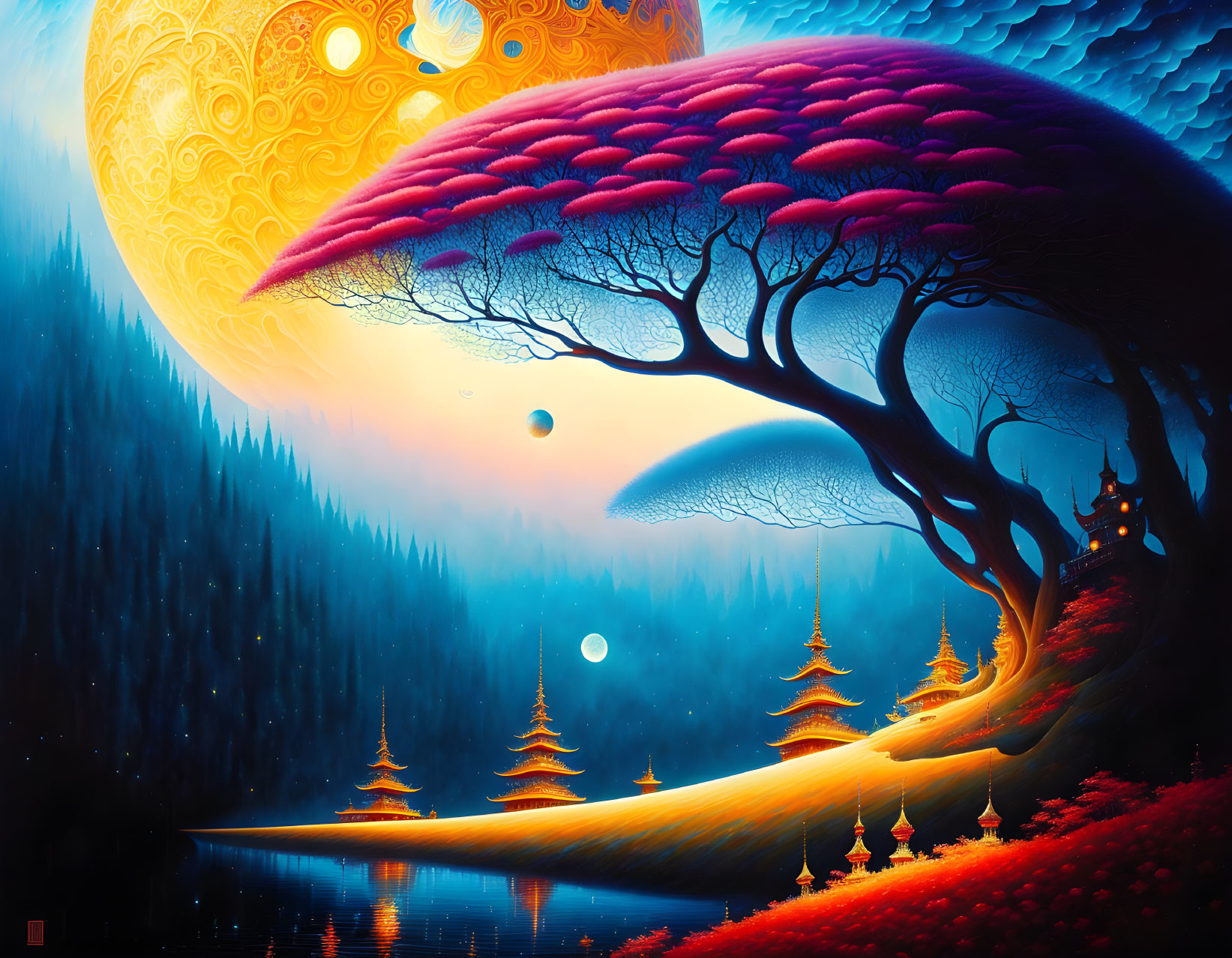 Vivid surreal landscape with large tree, multiple moons, reflective lake, forest, colorful sky